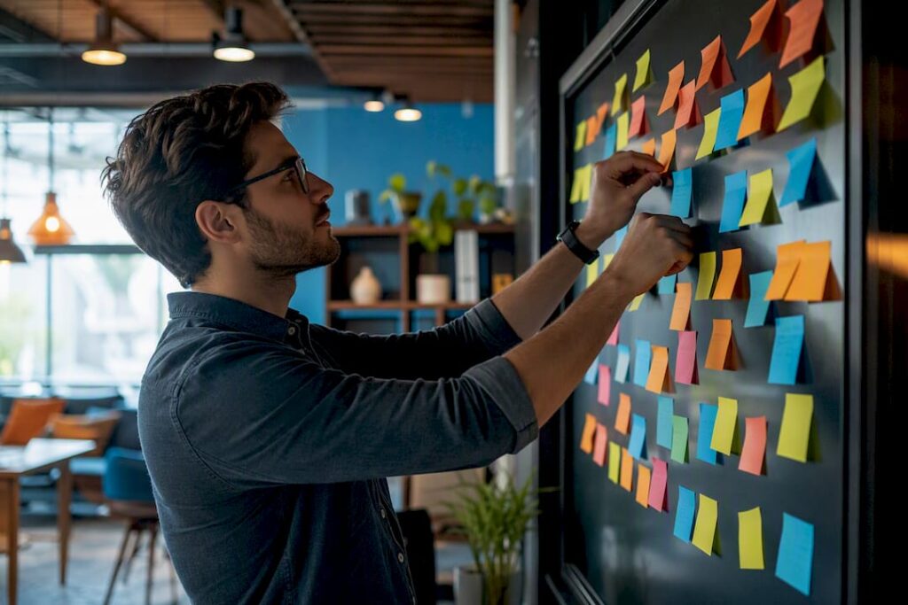 Marketer arranging marketing ROI data notes