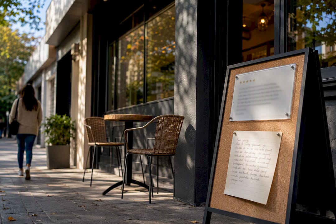 Business storefront with public customer review response