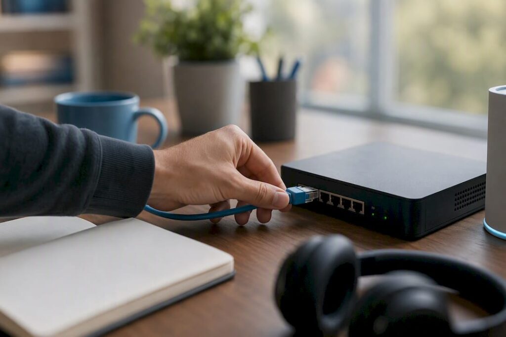 Hand connecting cable on modern desk