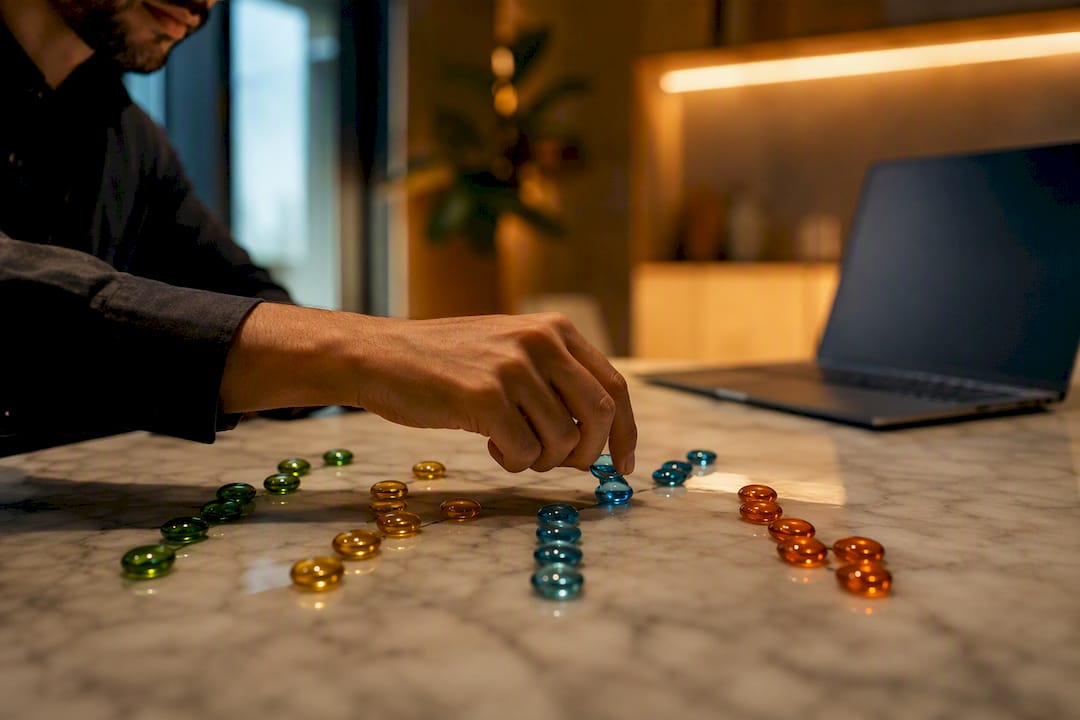 Hand arranging colorful beads symbolizing data