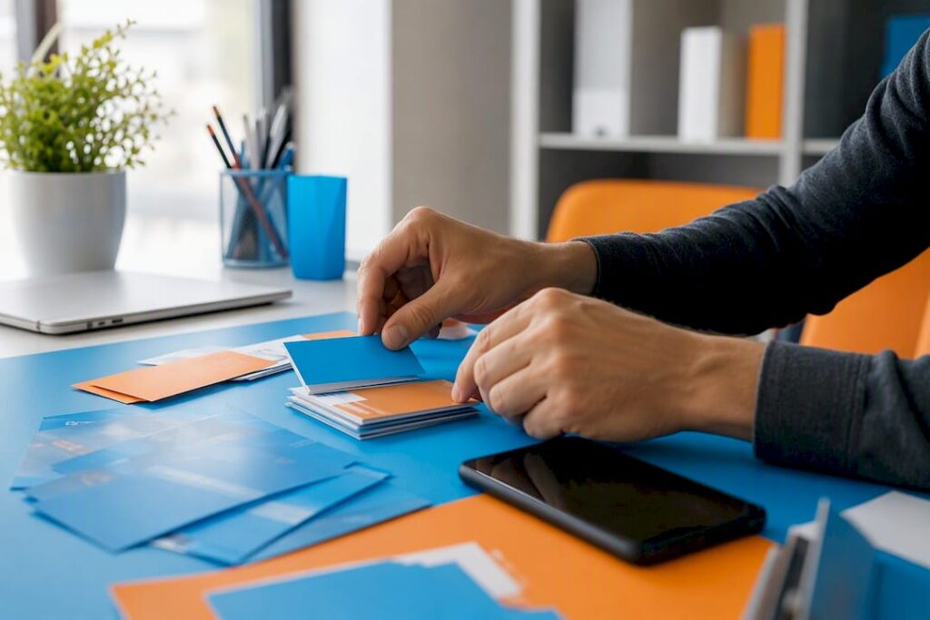 Hands arranging local business marketing materials