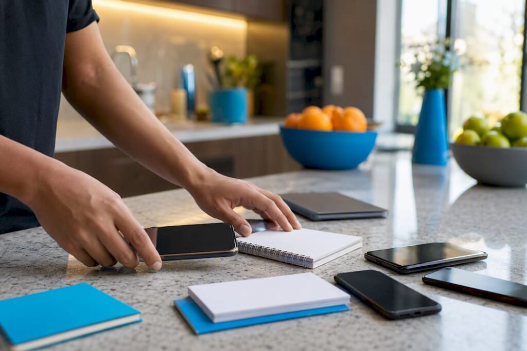 Hands organizing content planning materials on table