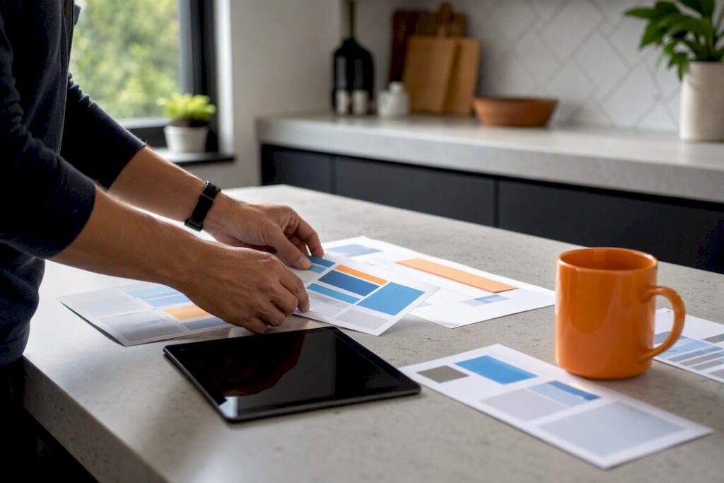 Hands arranging sitemap on desk
