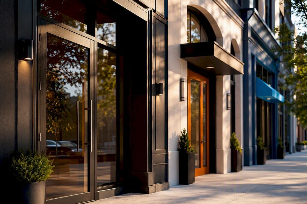 Multiple neighborhood storefronts representing business locations