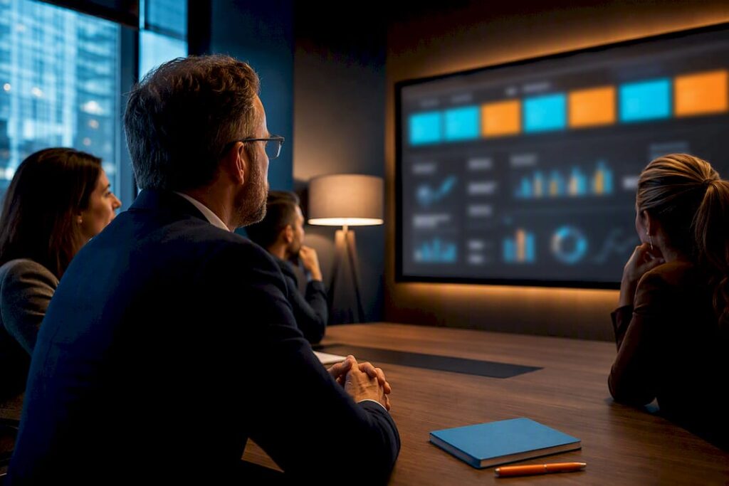 Team reviewing prioritized marketing dashboard metrics