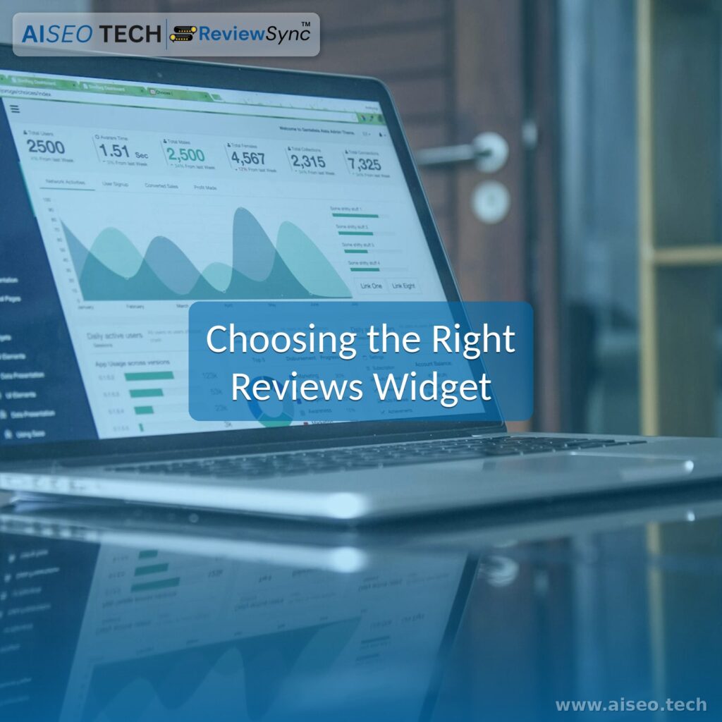 Laptop on a desk showing website analytics, representing choosing a reviews widget for a business website