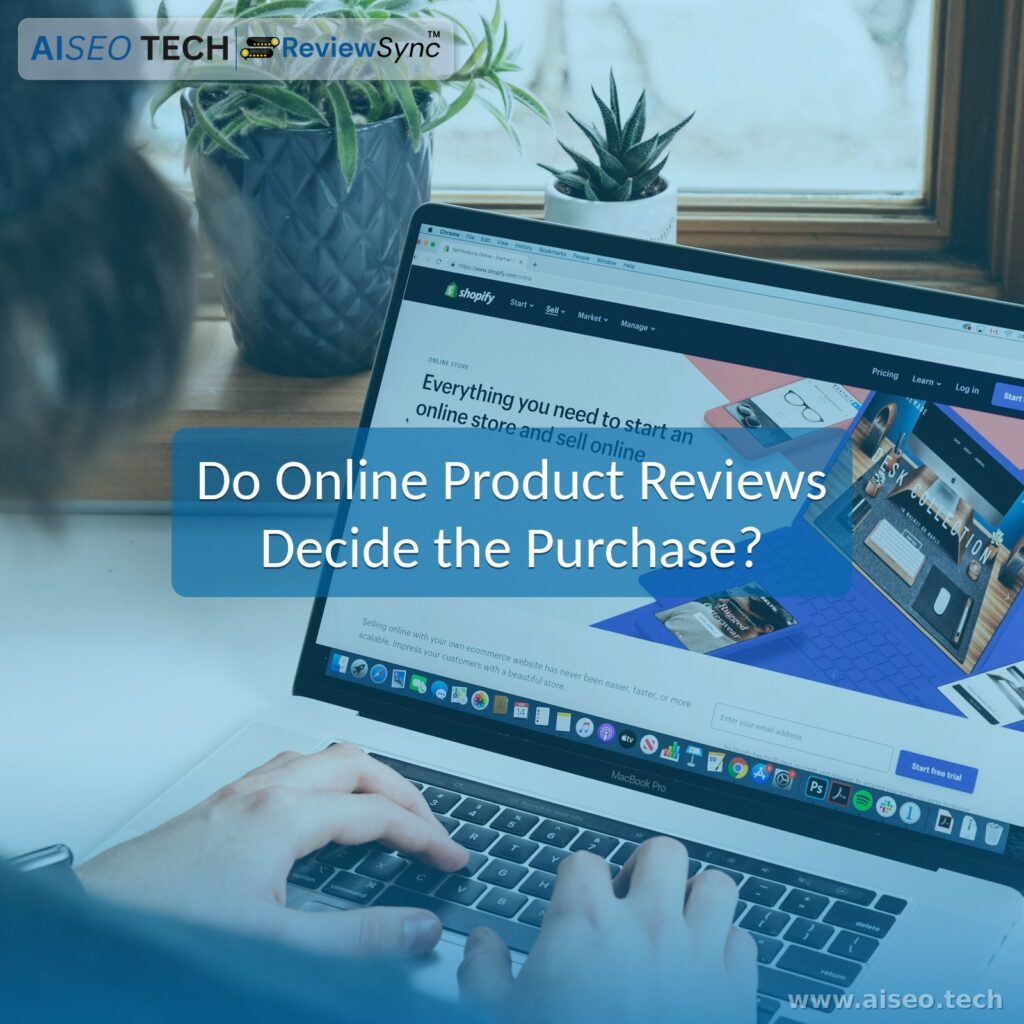 Shopper browsing an online store on a laptop, reading product reviews and ratings before making a purchase